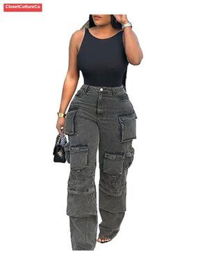 Women's Loose Baggy Cargo Jeans High Waist Wide Leg Y2K Streetwear Pockets